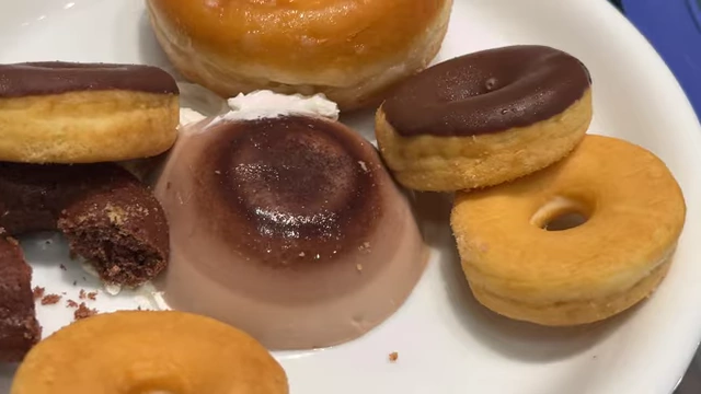 A close-up of the assortment of donuts, including a small chocolate pudding in the center.