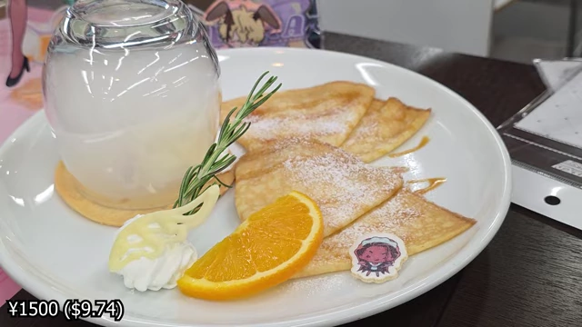 Crepes served with orange slices and cream, next to a character cutout seemingly trapped in a smoky glass jar.