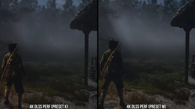 《刺客信条：影》中DLSS Performance (Preset K) 与 DLSS Performance (Preset M) 在体积雾和鬼影方面的比较