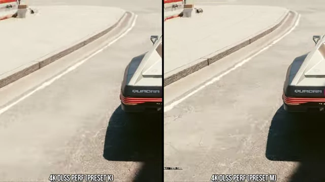 《赛博朋克2077》中DLSS Performance (Preset K) 和 DLSS Performance (Preset M) 的路面纹理拖影比较