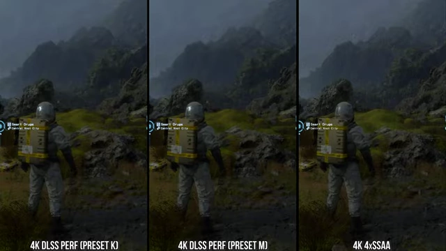 《死亡搁产》中DLSS Performance (Preset K)、DLSS Performance (Preset M) 和 4K 4xSSAA 在雨滴可见性方面的比较