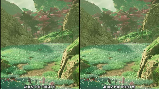 《天外世界2》中DLSS Performance (Preset K) 和 DLSS Performance (Preset M) 在远距离粒子解析度方面的比较