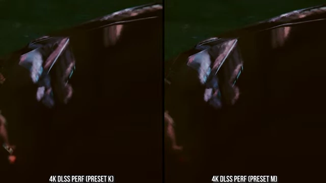 《赛博朋克2077》中DLSS Performance (Preset K) 和 DLSS Performance (Preset M) 在光线追踪反射稳定性方面的比较