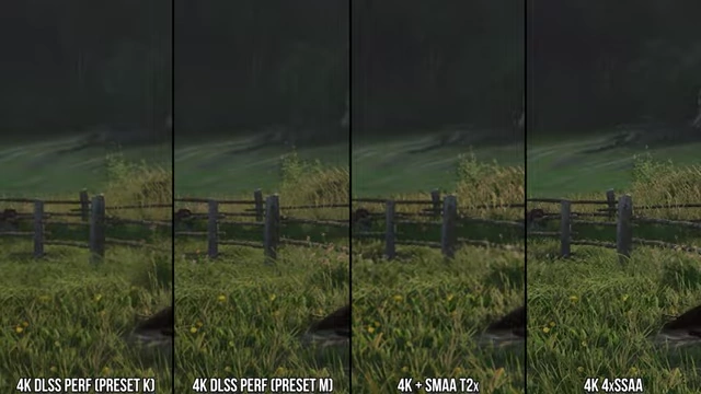 《天国：拯救2》中DLSS Performance (Preset K)、DLSS Performance (Preset M)、4K + SMAA T2x 和 4K SSAA 在锐度方面的比较