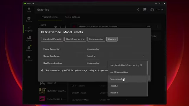 NVIDIA应用程序中DLSS模型预设的自定义选项