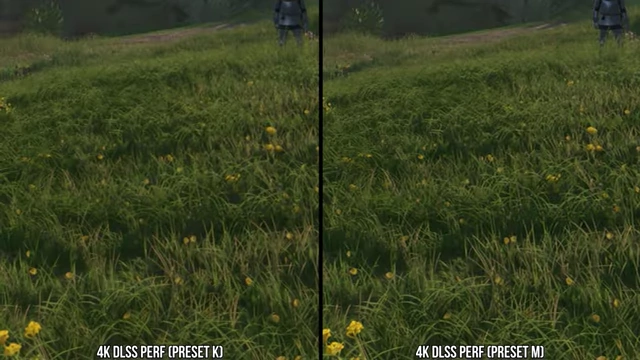 《天国：拯救2》中DLSS Performance (Preset K) 和 DLSS Performance (Preset M) 在植被稳定性方面的比较