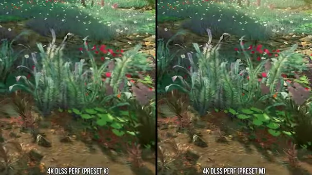 《天外世界2》中DLSS Performance (Preset K) 和 DLSS Performance (Preset M) 在近景植被稳定性方面的比较