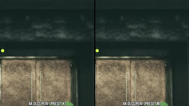 《控制》中DLSS Performance (Preset K) 和 DLSS Performance (Preset M) 在光线追踪反射噪点方面的比较