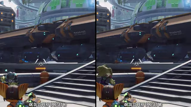 《瑞奇与叮当：时空跳转》中DLSS Performance (Preset K) 和 DLSS Performance (Preset M) 在移动火车反射噪点方面的比较
