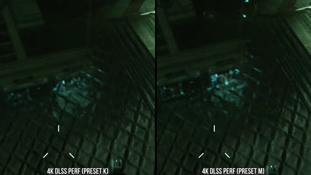 《孤岛危机3：重制版》中DLSS Performance (Preset K) 和 DLSS Performance (Preset M) 在光线追踪噪点方面的比较