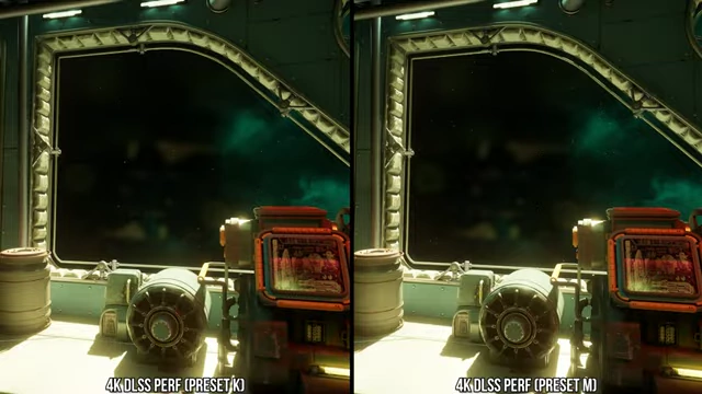 《天外世界2》中DLSS Performance (Preset K) 和 DLSS Performance (Preset M) 在星空亮点亮度方面的比较