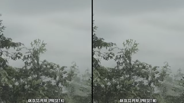 《寂静岭2》中DLSS Performance (Preset K) 和 DLSS Performance (Preset M) 在树木薄细节锯齿方面的比较