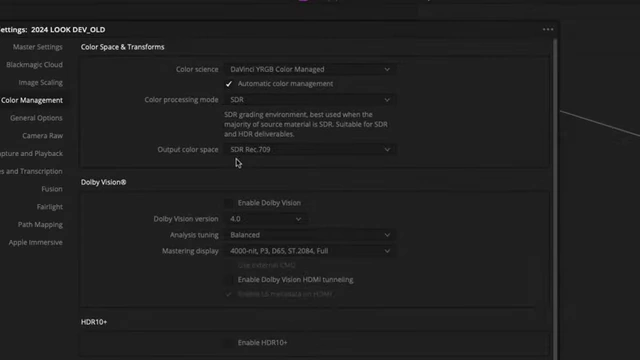 DaVinci Resolve project settings configured for DaVinci YRGB Color Managed and SDR Rec.709 output.