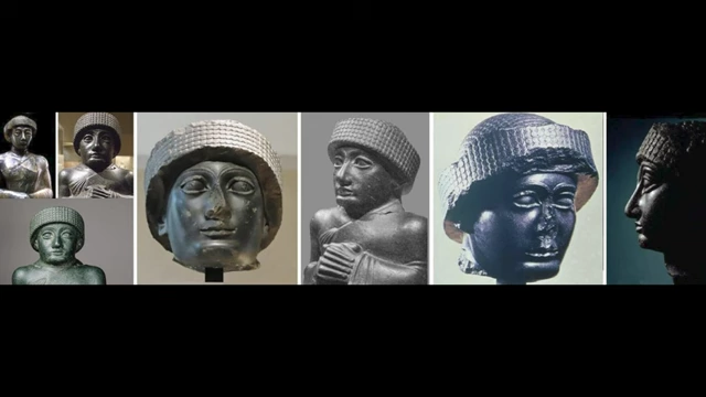 A montage of various statues of Gudea, highlighting the consistency and realism of his historical likeness.