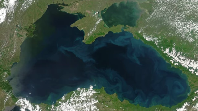 An aerial view of the Black Sea, identified as an ideal location for fossilization due to its low oxygen levels and still waters.