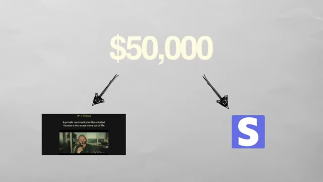 A graphic showing "$50,000" and arrows pointing to a website and a Stripe link logo, representing initial membership sales before the product was fully ready.