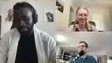 Steve Osazuwa, a black man with headphones and a white jacket, speaks about his career journey with two other people in separate video calls.