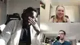Steve Osazuwa, a black man with headphones, covers his face with his hand as he discusses the friction between PhDs and software engineers.