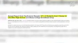 A news headline stating, "Annual Report from YouScience Reveals 72% of Students Aren't Ready for Life After High School and Sharp College Enrollment Drop."