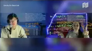 A split screen showing a student teaching math online, with equations written on a virtual whiteboard.