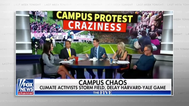 A Fox News segment from "The Five" discusses "Campus Protest Craziness," highlighting a climate activist protest.