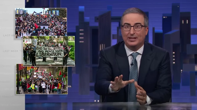 John Oliver shows various student protests related to Gaza on college campuses.