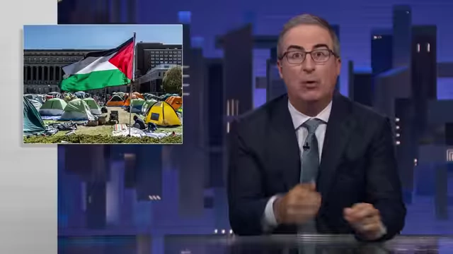 A view of the pro-Palestine encampment at Columbia University, with a Palestinian flag flying.