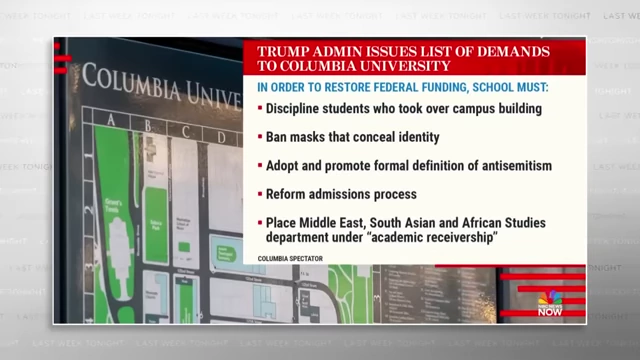 An NBC News graphic lists the Trump administration's extensive demands for Columbia University to restore federal funding.