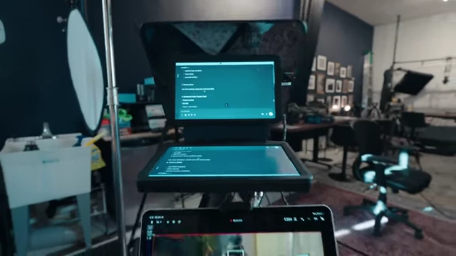 Elgato Prompter displaying notes from the computer, integrated with the camera setup