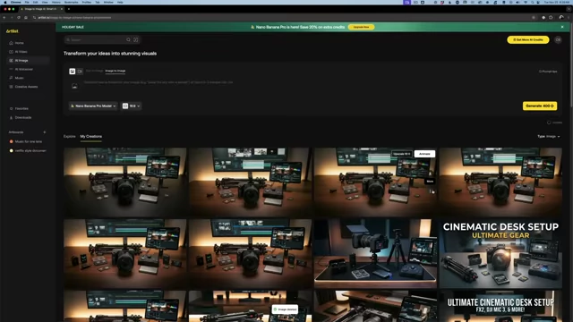 Artlist's Nano Banana Pro interface displaying AI-generated images for video thumbnails
