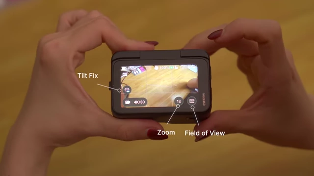 Insta360 GO Ultra's screen showing easily accessible settings like Tilt Fix, Zoom, and Field of View