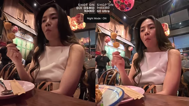 Low-light skin tone comparison: DJI Osmo Nano (left) can appear yellowish, while Insta360 GO Ultra (right) boosts reds