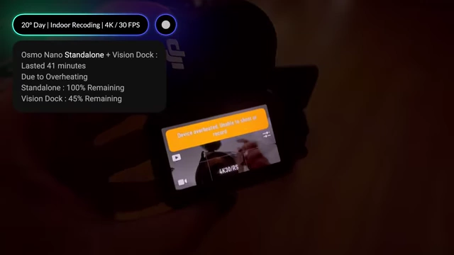 Docked recording comparison: Insta360 GO Ultra lasted 1 hour 8 minutes before overheating; DJI Osmo Nano overheated after 40 minutes