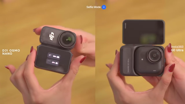 DJI Osmo Nano and Insta360 GO Ultra in selfie mode, showing their different flip mechanisms