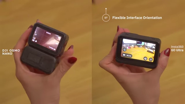 Insta360 GO Ultra's flexible auto-rotating interface (right) compared to DJI Osmo Nano's fixed orientation (left)
