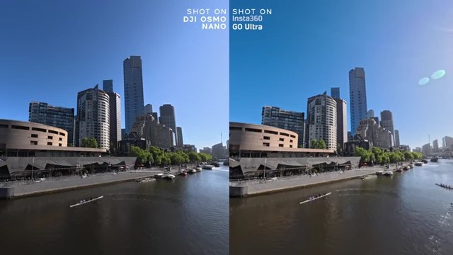 Daylight color tone comparison: DJI Osmo Nano (left) with neutral tones vs. Insta360 GO Ultra (right) with vibrant saturation