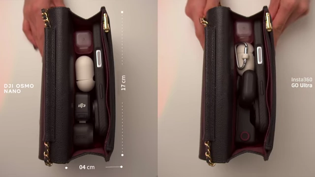 Portability comparison showing DJI Osmo Nano and Insta360 GO Ultra fitting into a small bag