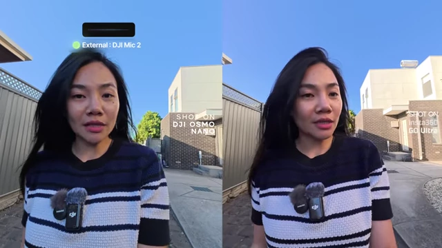 External microphone comparison: DJI Mic 2 on Nano (left) and Insta360 Mic Air on GO Ultra (right)