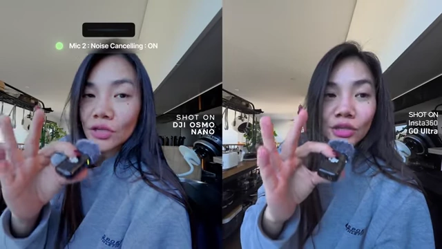Noise reduction comparison: Insta360 Mic Air (right) offers noise reduction, while DJI Mic 2 (left) has intelligent noise canceling