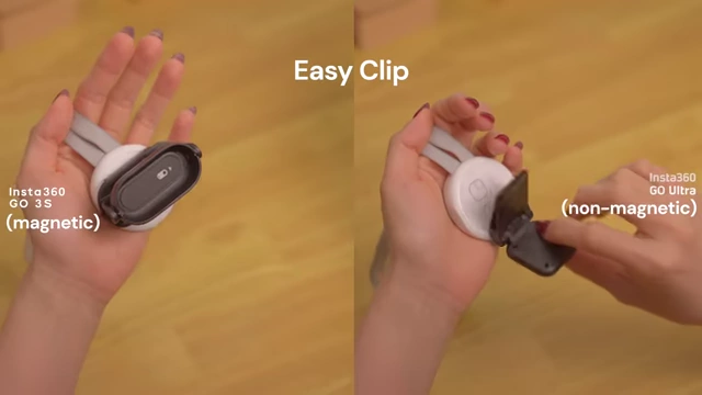 Insta360 GO Ultra's bundled clip (right) is non-magnetic, unlike the older GO 3S magnetic clip (left)