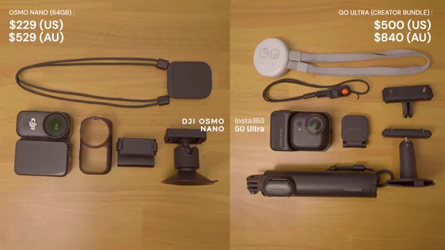 Price and bundle comparison: DJI Osmo Nano (64GB) vs. Insta360 GO Ultra Creator Bundle