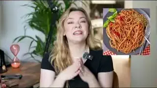 A plate of spaghetti with sauce is overlaid on the screen, illustrating the "throwing spaghetti at the wall" analogy for content experimentation.