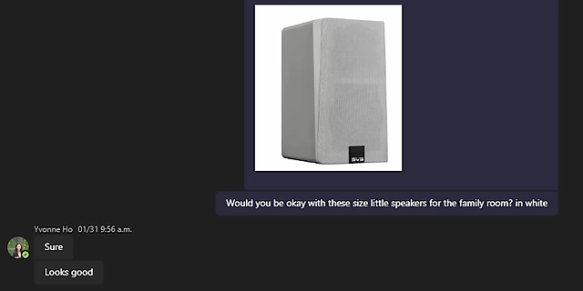 A message from Yvonne (Linus's wife) approving the appearance of the small speakers in white