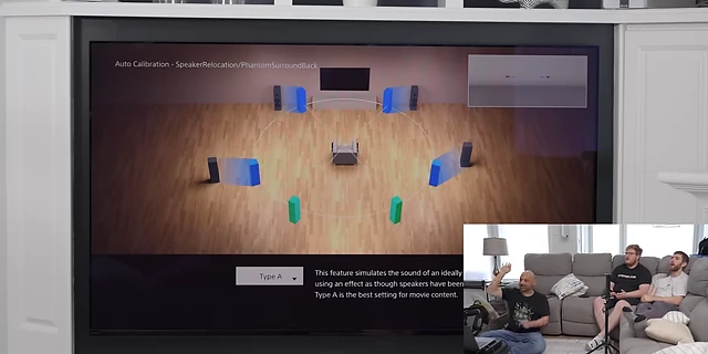 A calibration screen showing the "phantom surround back" feature, which simulates rear speakers