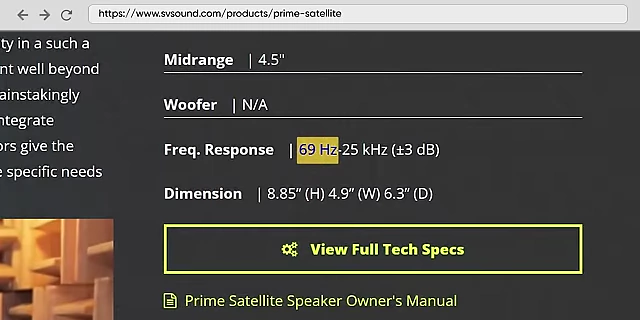 The frequency response specification for the SVS Prime Satellite speaker, highlighting its 69 Hz - 25 kHz range