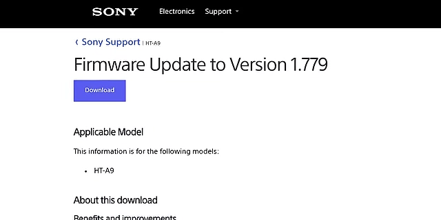The Sony Support page for a firmware update to the HT-A9 system