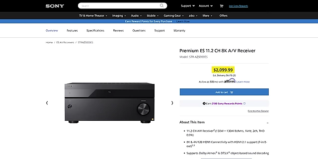 The price of the Sony STR-AZ5000ES AV Receiver shown on Sony's website