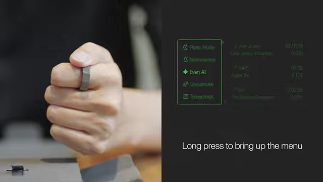 Hand demonstrating long press gesture on the Even R1 smart ring to bring up a menu