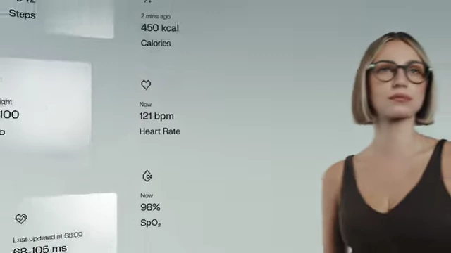 Even G2 display showing real-time health data from R1, including steps, calories, heart rate, and SpO2