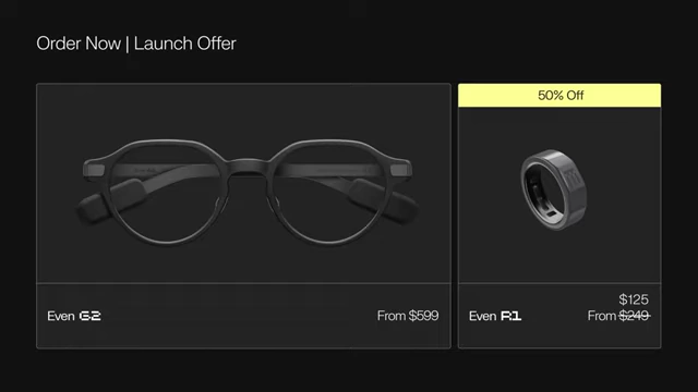 Launch offer showing Even R1 at 50% off ($125) with G2 purchase